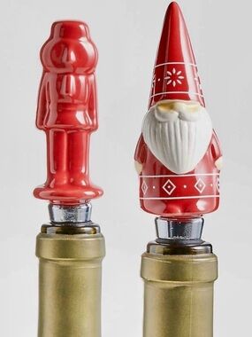 Crate&Barrel Ceramic Gnome & Nutcracker Wine Bottle Stoppers - Set of 2